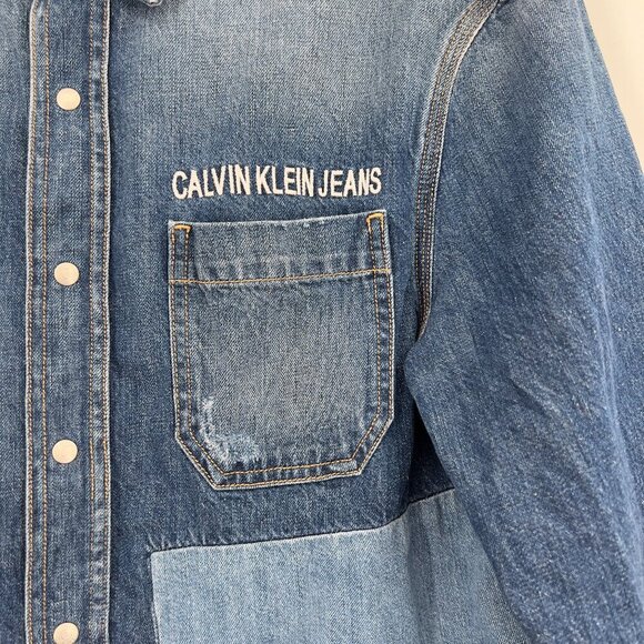 Calvin Klein Jeans Logo Patch Silver Snap Buttons Utility Shirt Women's S - Picture 4 of 13